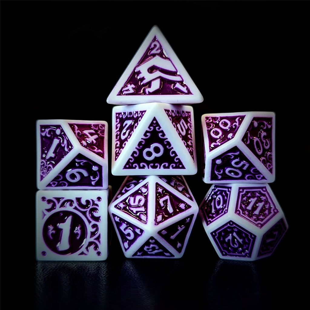 Purple Vines on White Acrylic - 7pcs RPG Full Dice Set