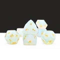 7pcs Dice Gem Stone Opalite Facet Gold Font White