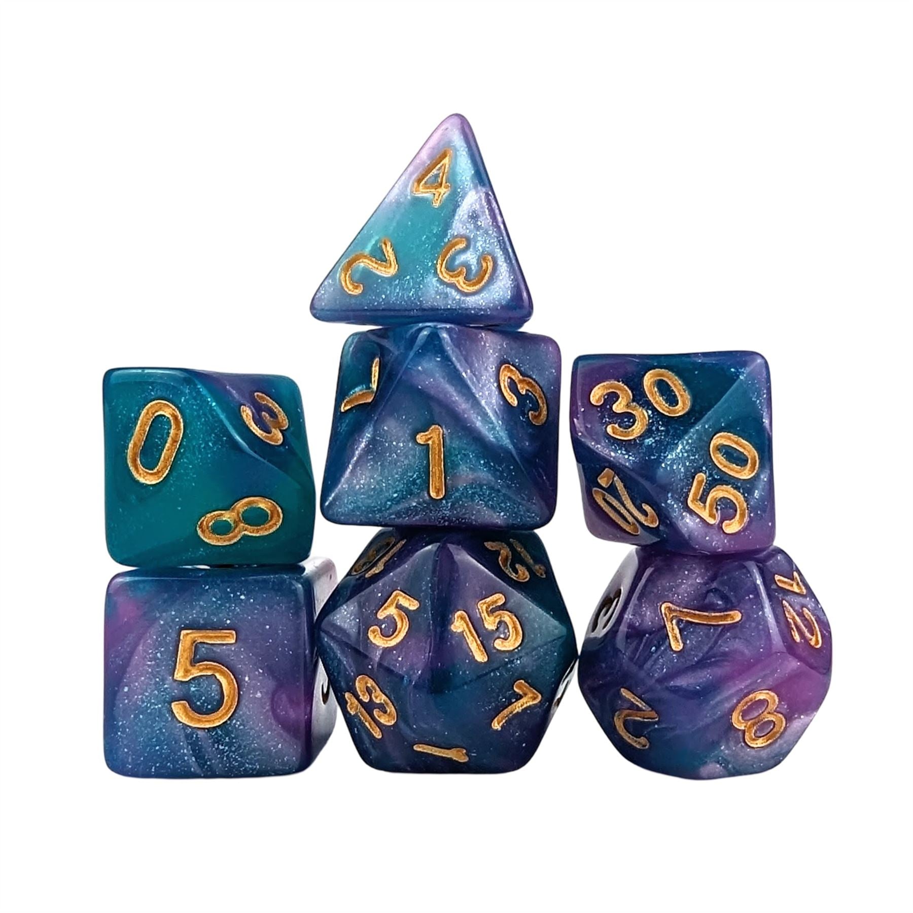 Glitter in Purple & Blue Acrylic - 7pcs RPG Full Dice Set
