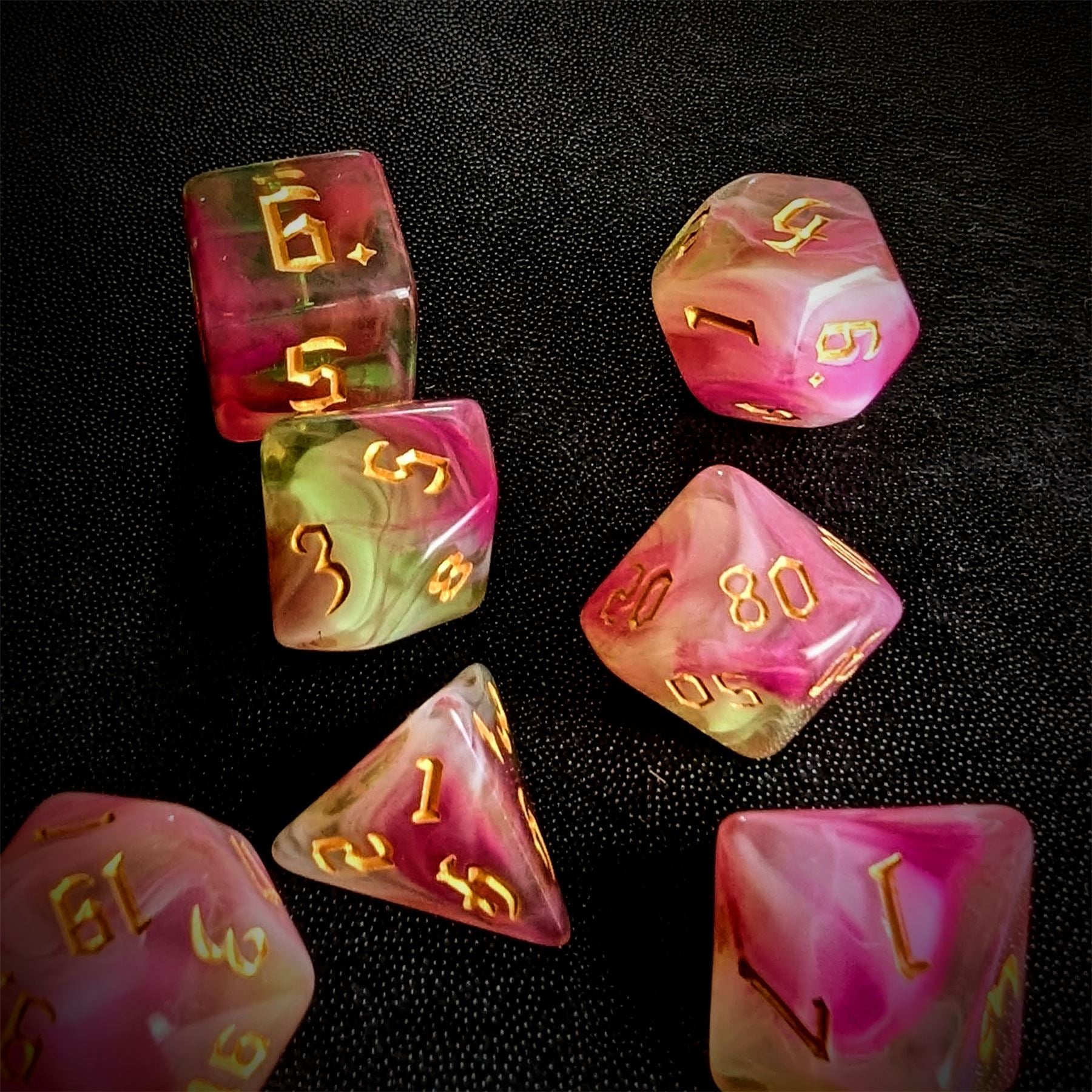 Blend of Green & Pink Acrylic - 7pcs RPG Full Dice Set