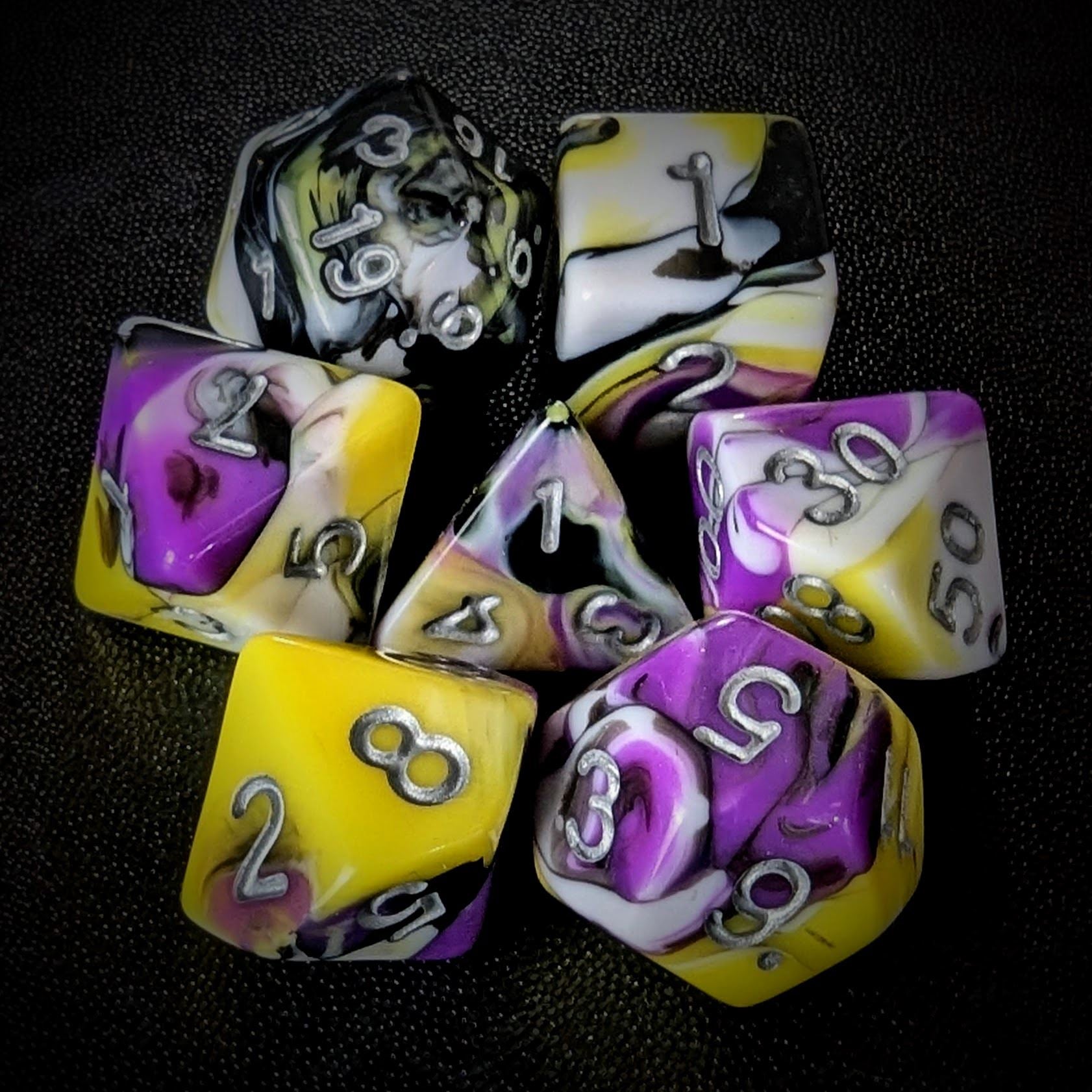 7pcs Dice Acrylic Blend Silver Font Purple Black Yellow