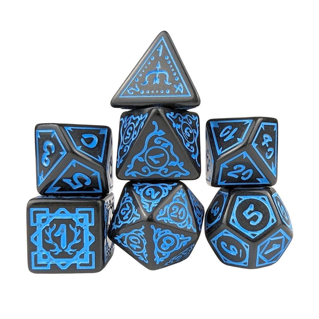Blue Vines on Black Acrylic - 7pcs RPG Full Dice Set