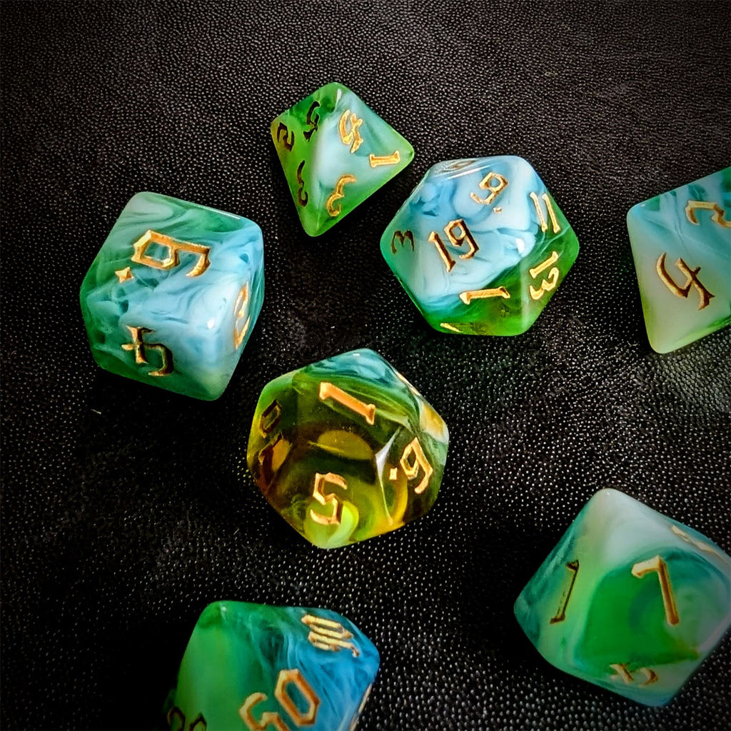Blend of Green & Sky Blue Acrylic - 7pcs RPG Full Dice Set
