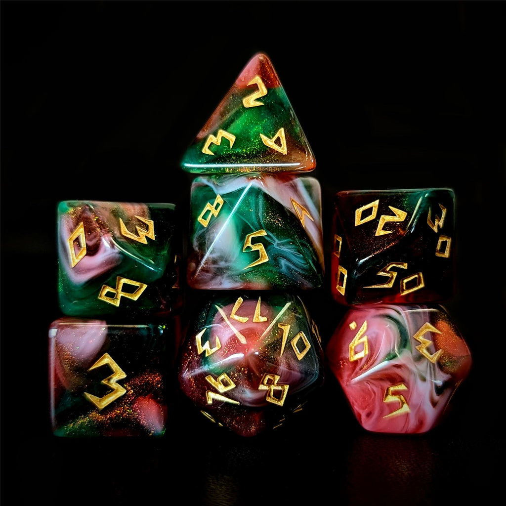 Glitter in Green & Red Acrylic - 7pcs RPG Full Dice Set