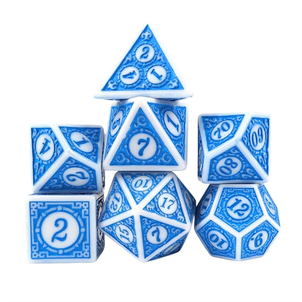 Blue Lattice on White Acrylic - 7pcs RPG Full Dice Set
