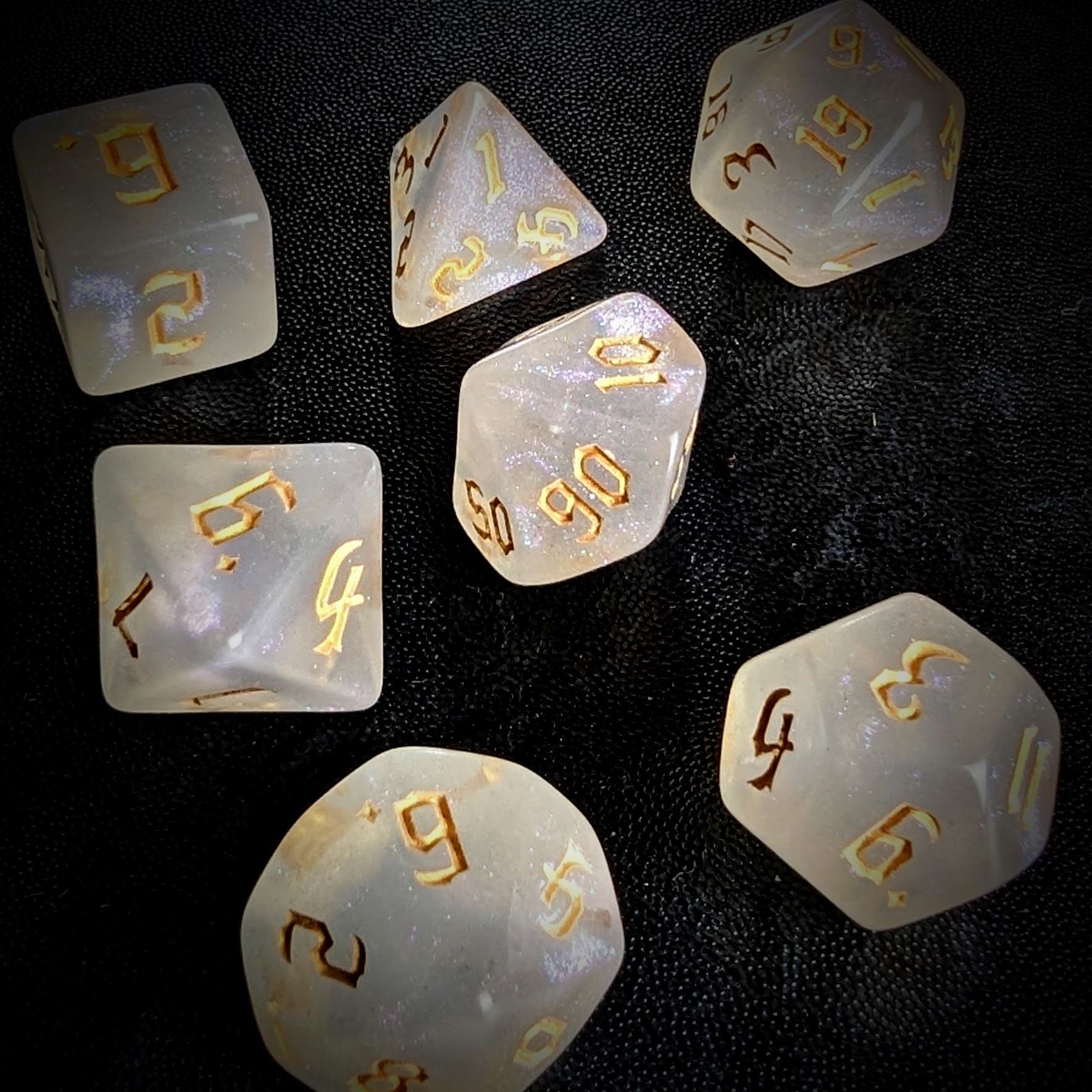 Glitter in White Acrylic with Gold Font - 7pcs RPG Full Dice Set