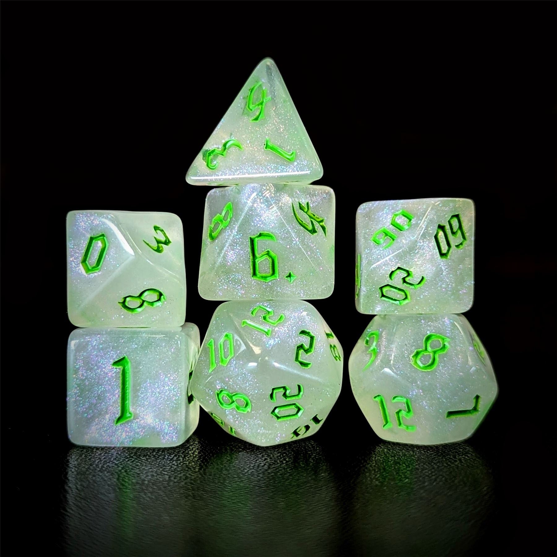 Glitter in White Acrylic with Green Font - 7pcs RPG Full Dice Set