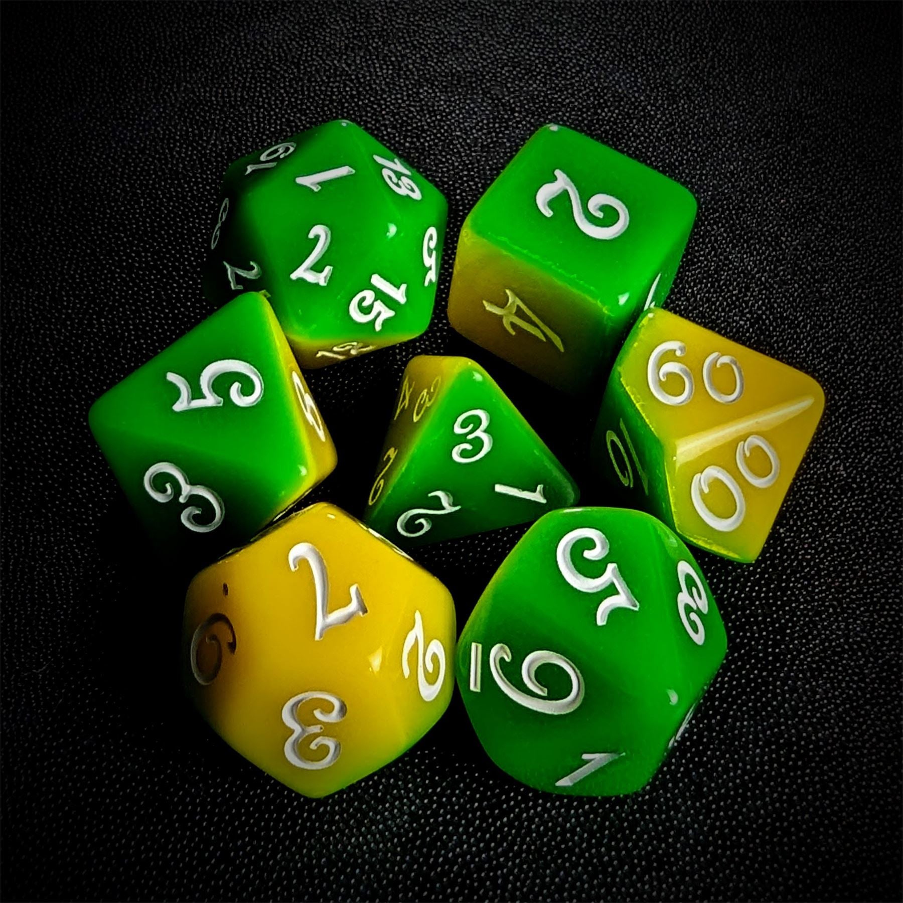 Blend of Yellow & Green Acrylic - 7pcs RPG Full Dice Set
