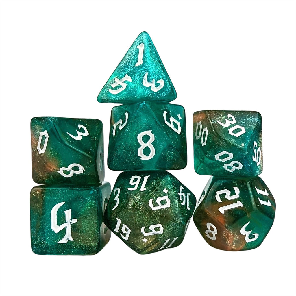 Glitter in Green & Yellow Acrylic - 7pcs RPG Full Dice Set