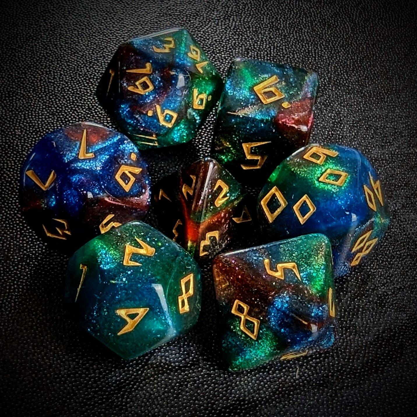 Glitter in Green & Blue Acrylic - 7pcs RPG Full Dice Set