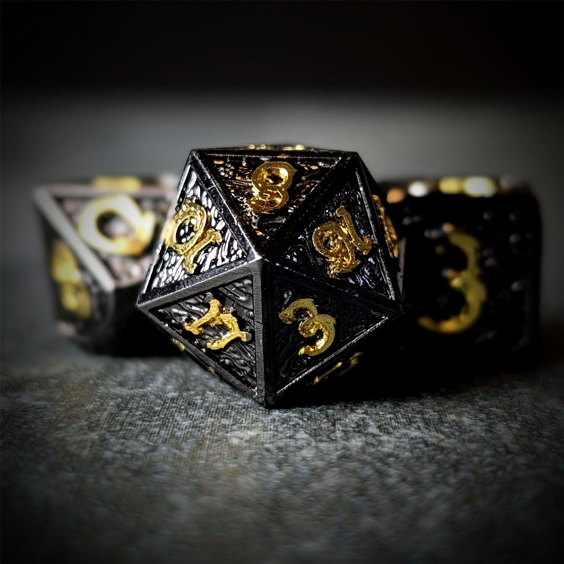 Black Metal with Gold Dragon Font - 7pcs RPG Dice Set