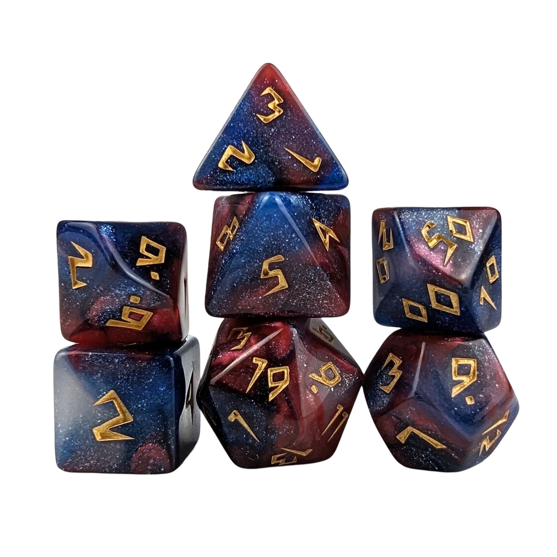 Glitter in Blue & Red Acrylic - 7pcs RPG Full Dice Set