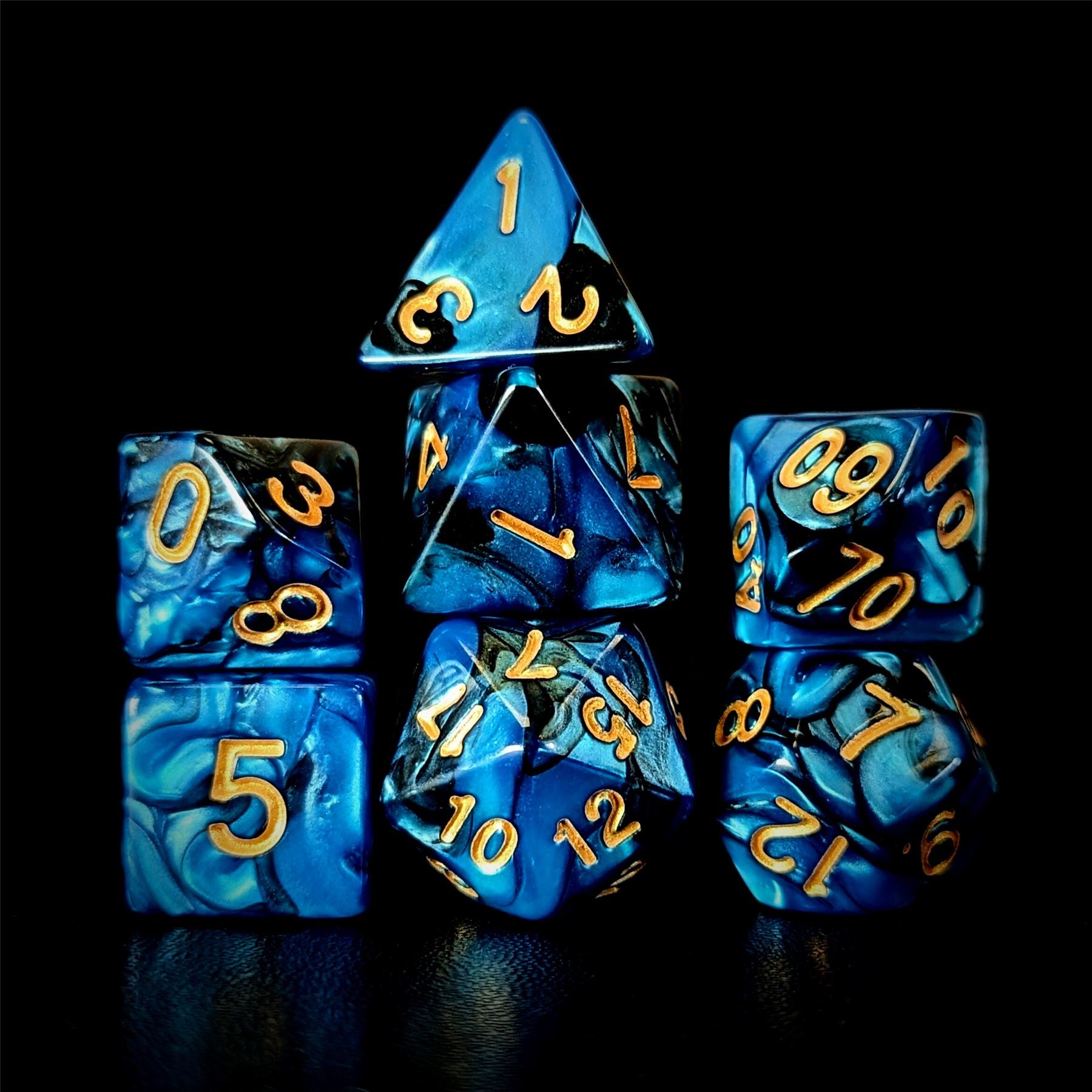 Blend of Black & Blue Acrylic - 7pcs RPG Full Dice Set
