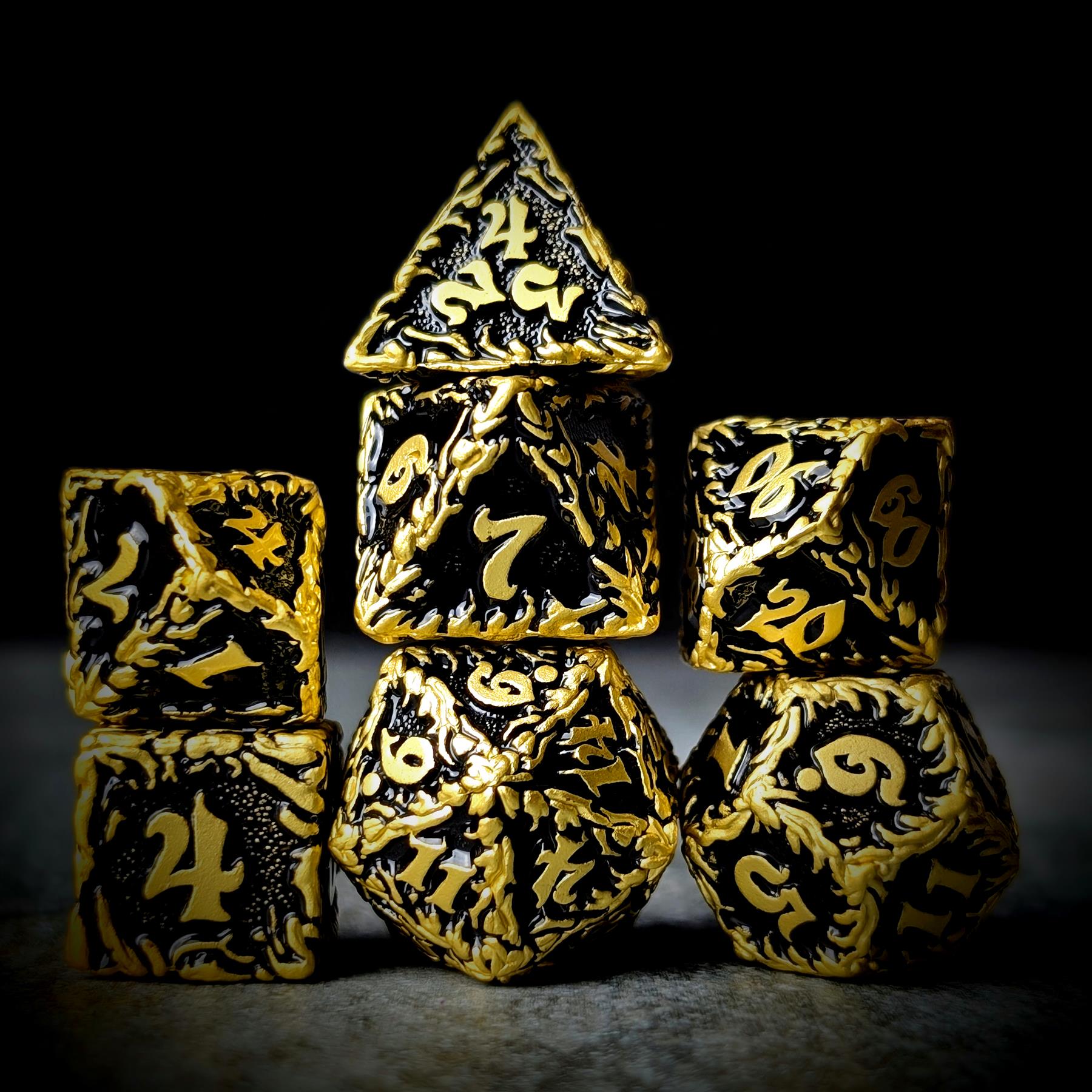 7pcs Dice Metal Druid Vine Gold Font Black