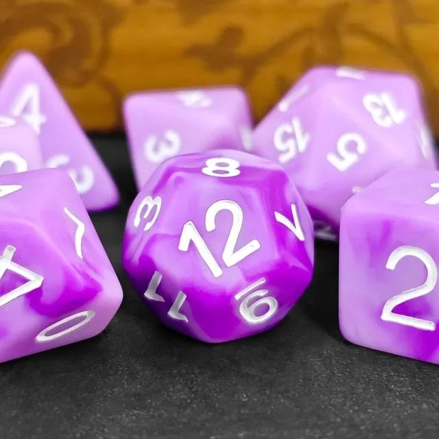 7pcs Dice Resin Swirl White Font Frosted Purple