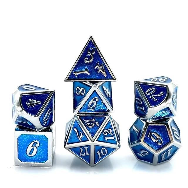 Blue Enamel in Silver Metal - 7pcs RPG Dice Set