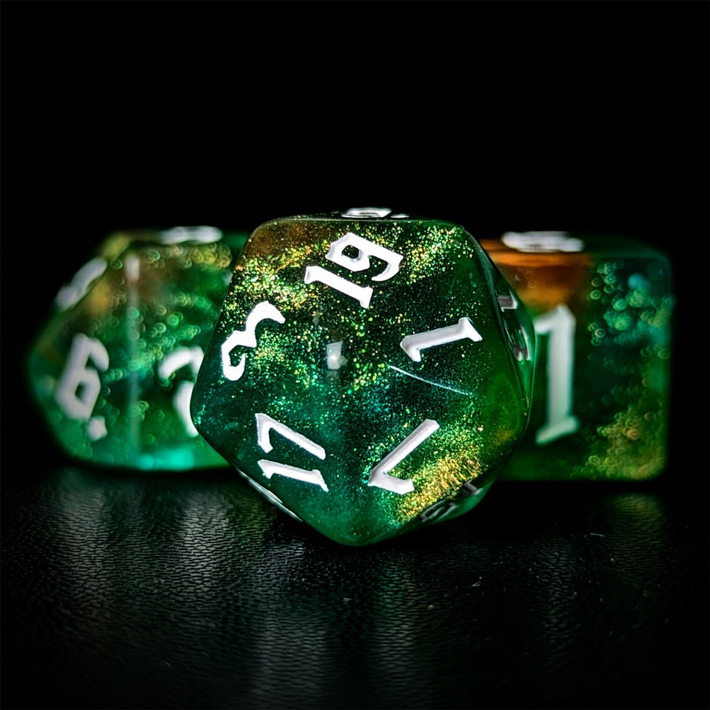 Glitter in Green & Yellow Acrylic - 7pcs RPG Full Dice Set