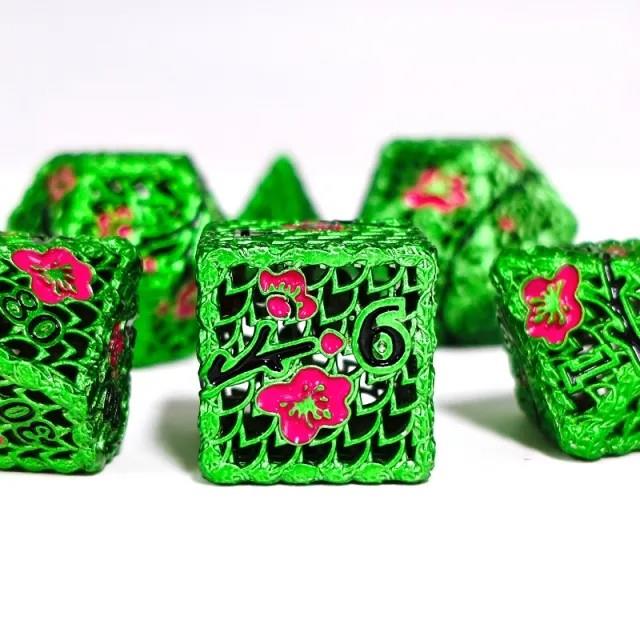 7pcs Dice Metal Hollow Wintersweet Pink Black Font Green