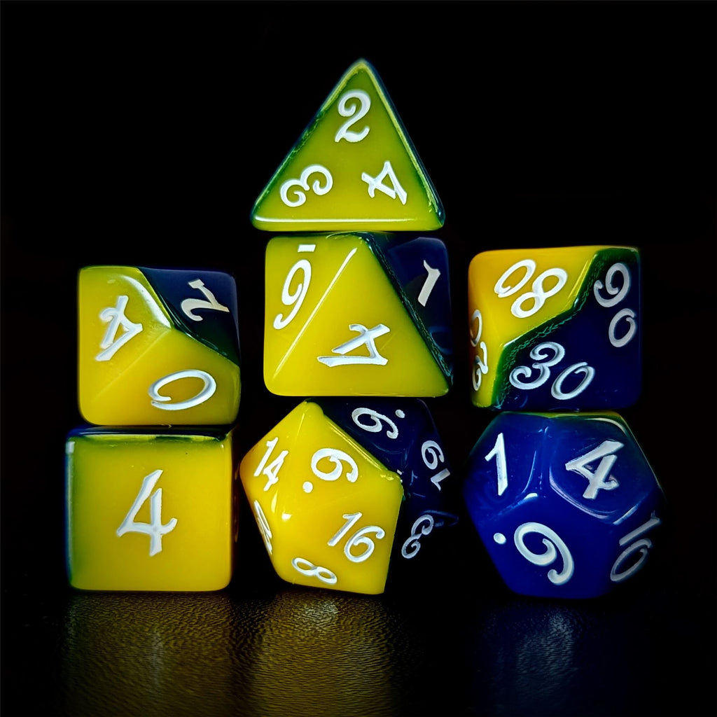 Blend of Yellow & Blue Acrylic - 7pcs RPG Full Dice Set