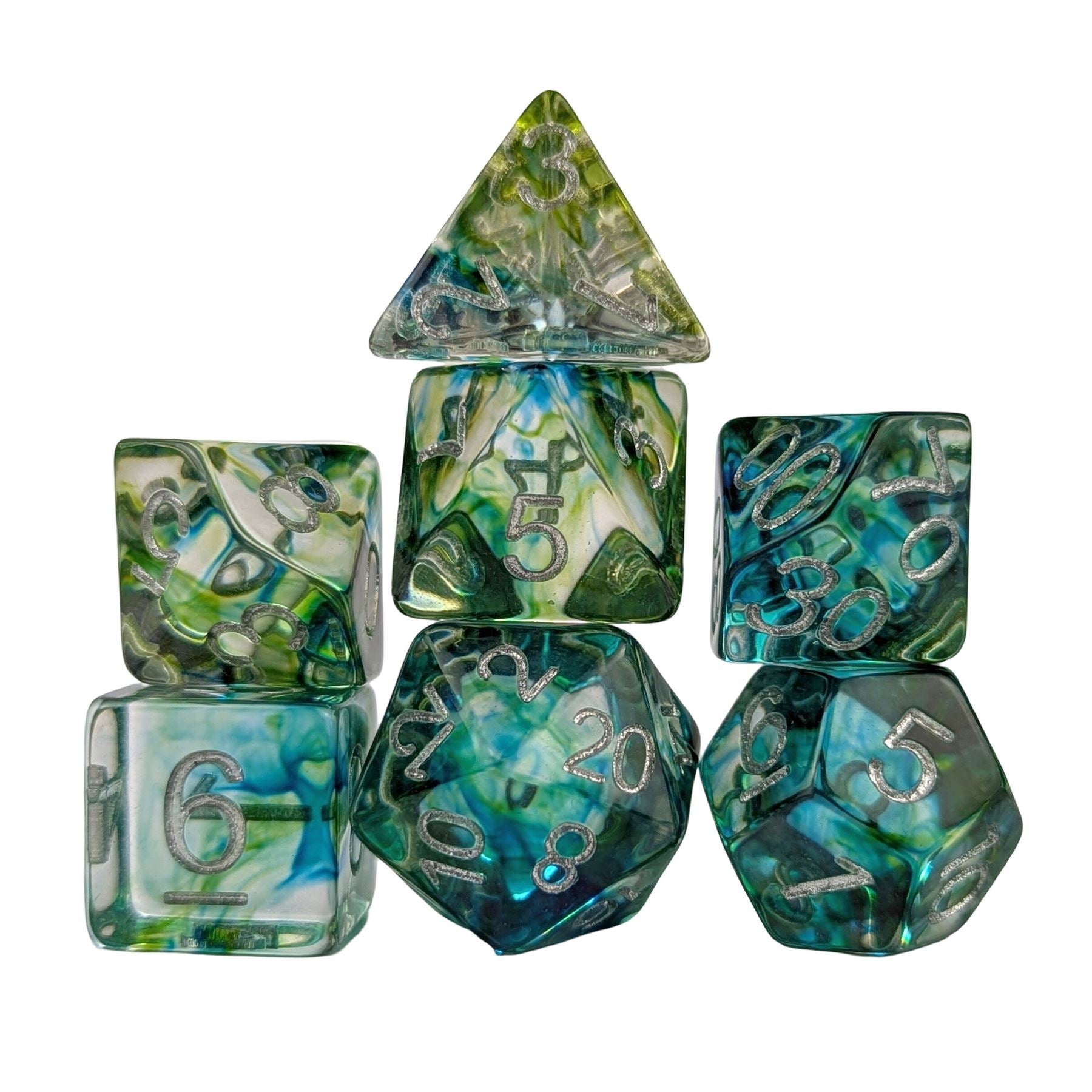 Green & Black with Blue Swirl in Clear Resin - 7pcs RPG Full Dice Set