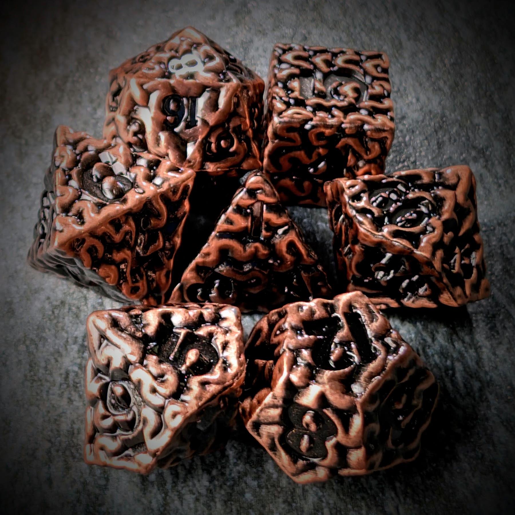 7pcs RPG Dice Set - Black Wash over Copper Metal Brains