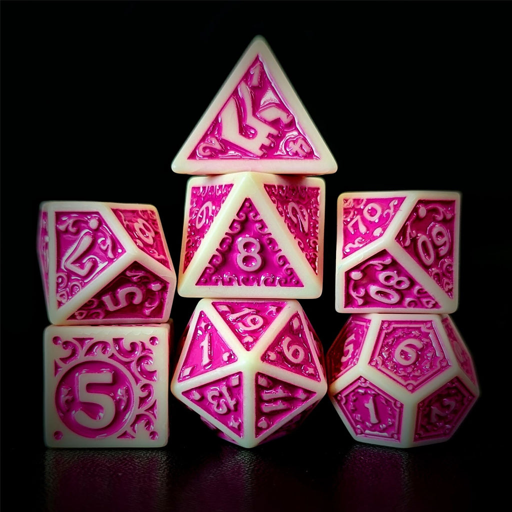 Pink Vines on White Acrylic - 7pcs RPG Full Dice Set