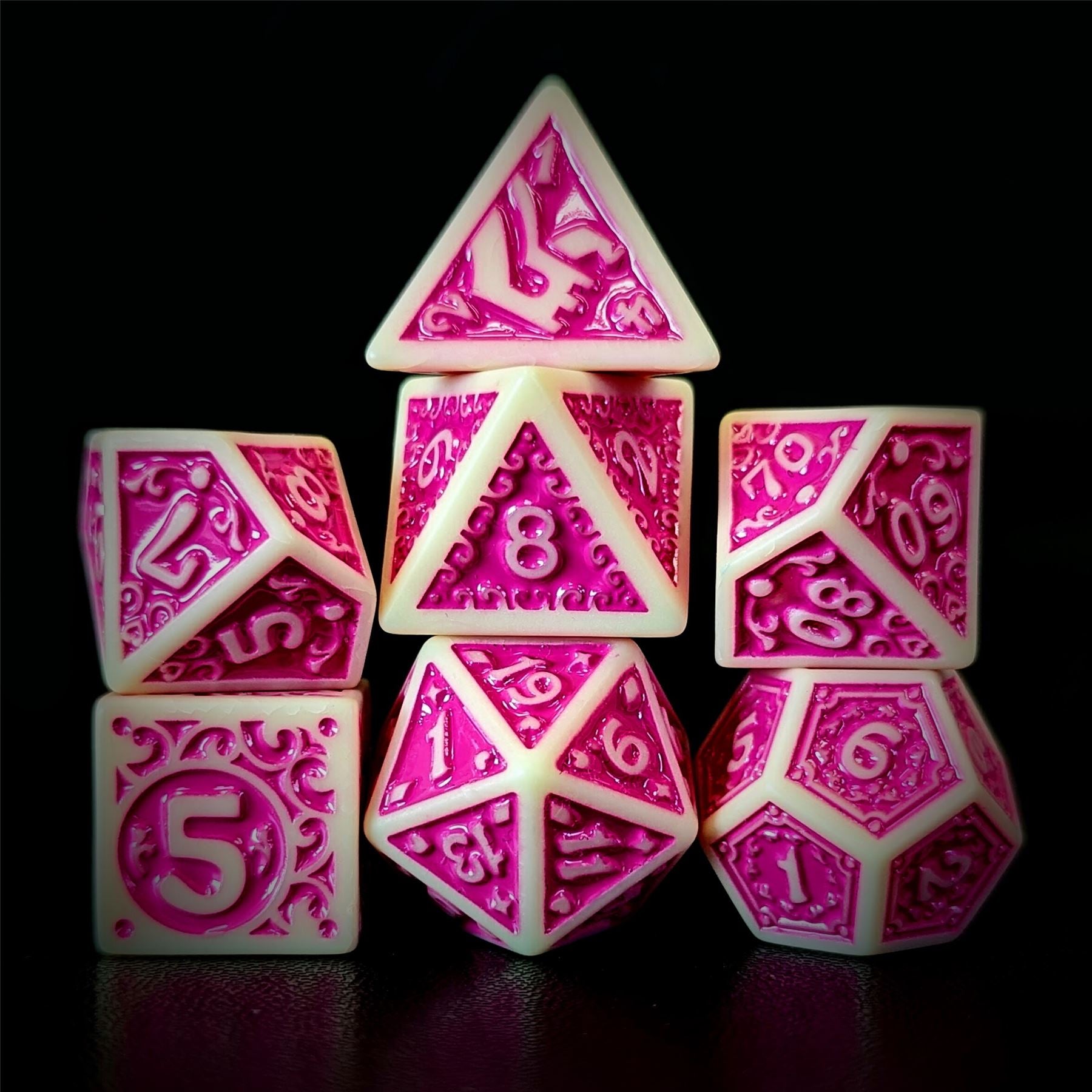 Pink Vines on White Acrylic - 7pcs RPG Full Dice Set