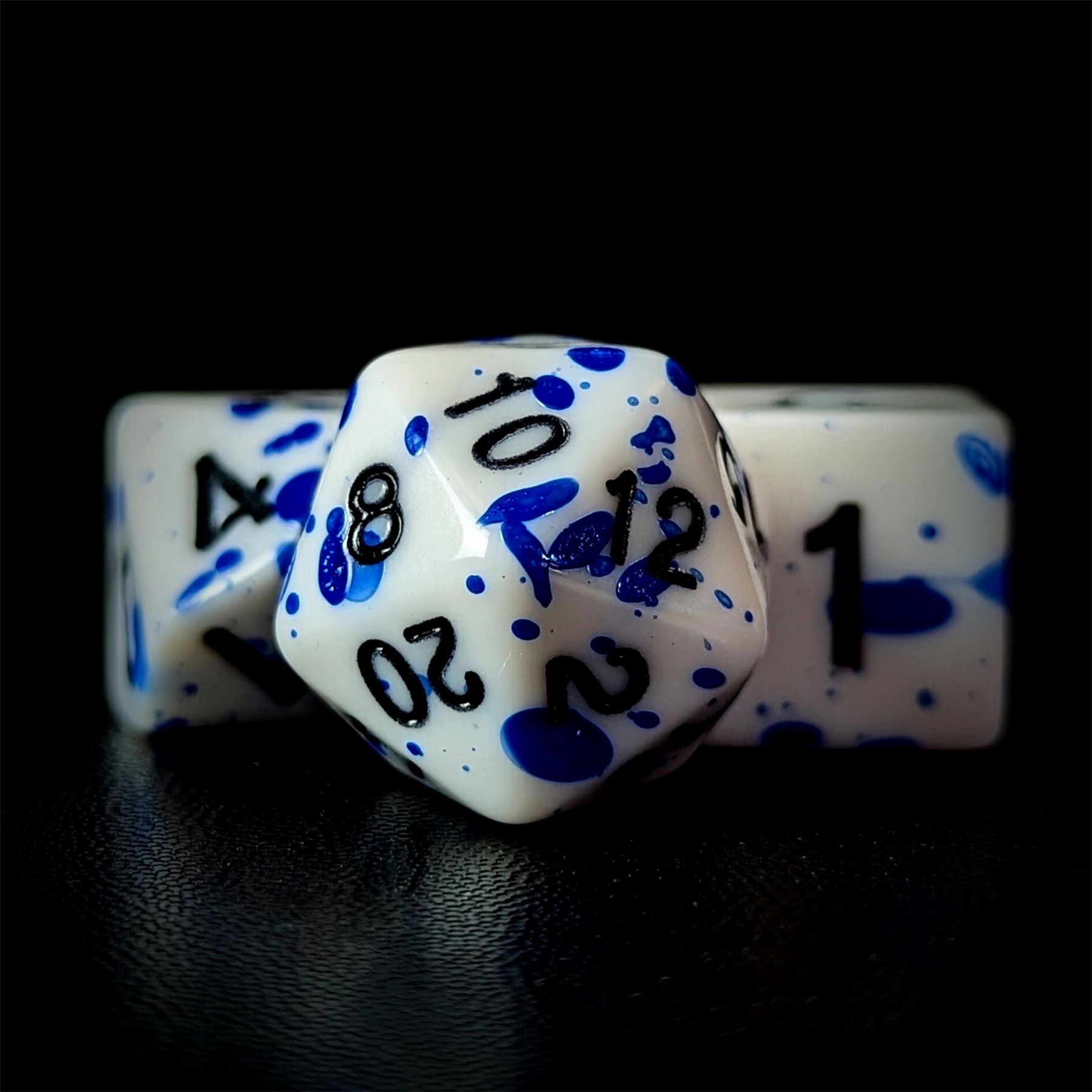 Blue Blood Splatter on White Acrylic - 7pcs RPG Full Dice Set