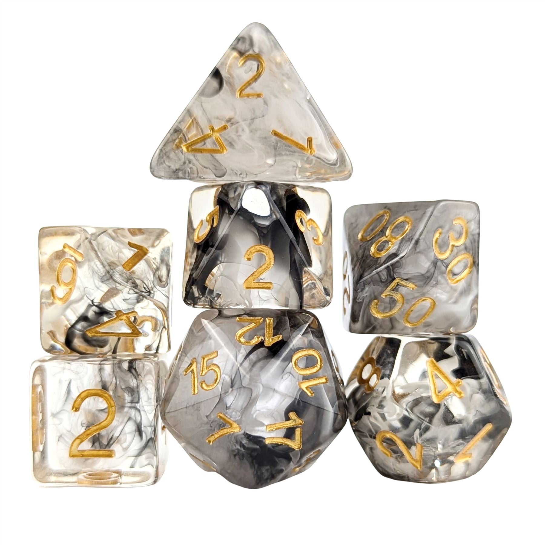 Black & White Swirl in Clear Resin - 7pcs RPG Full Dice Set
