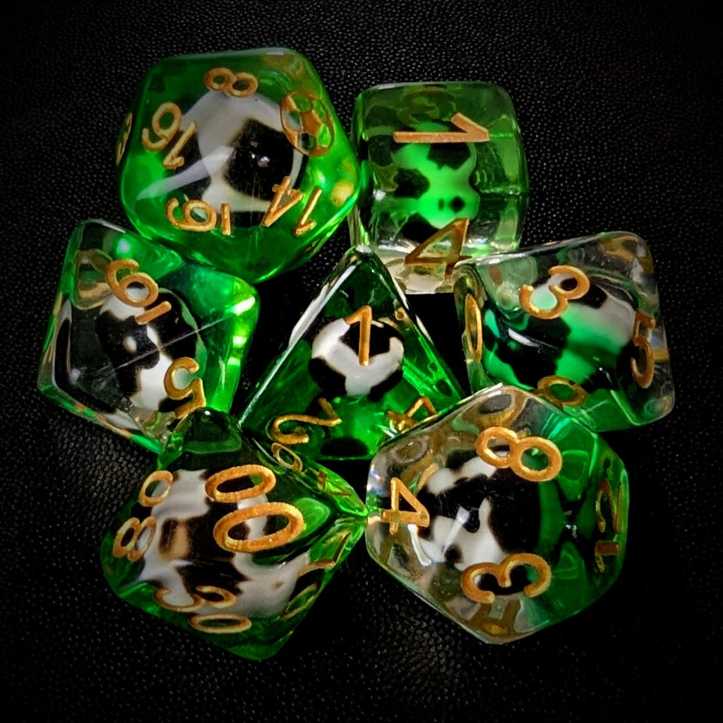 Black & White Football in Clear & Green Resin - 7pcs RPG Full Dice Set