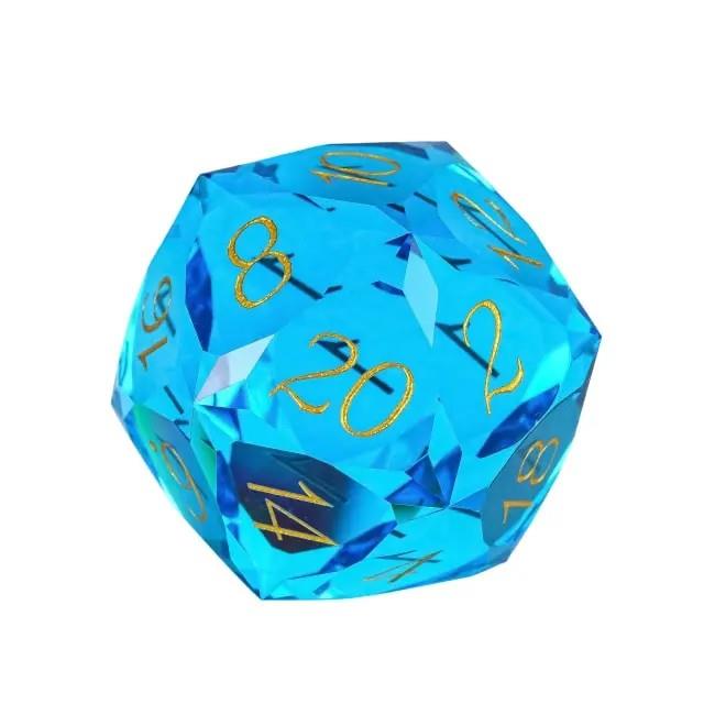D20 30mm Dice Gem Glass Facet Gold Font Blue