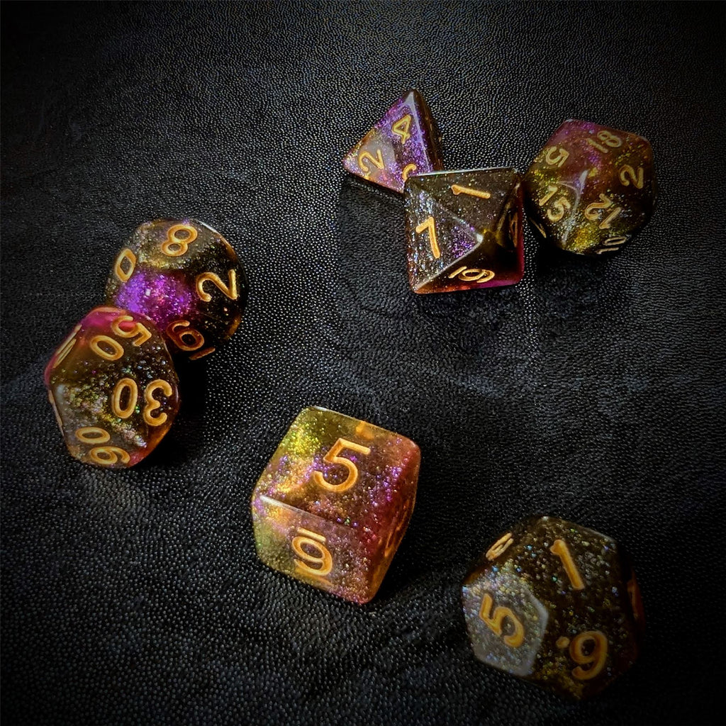 Glitter in Purple & Yellow Acrylic - 7pcs RPG Full Dice Set