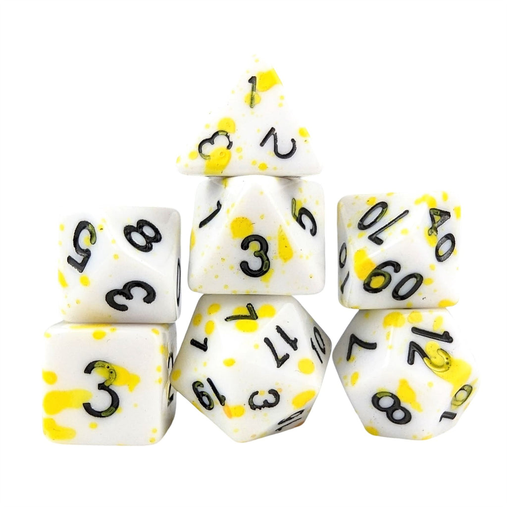 Yellow Blood Splatter on White Acrylic - 7pcs RPG Full Dice Set