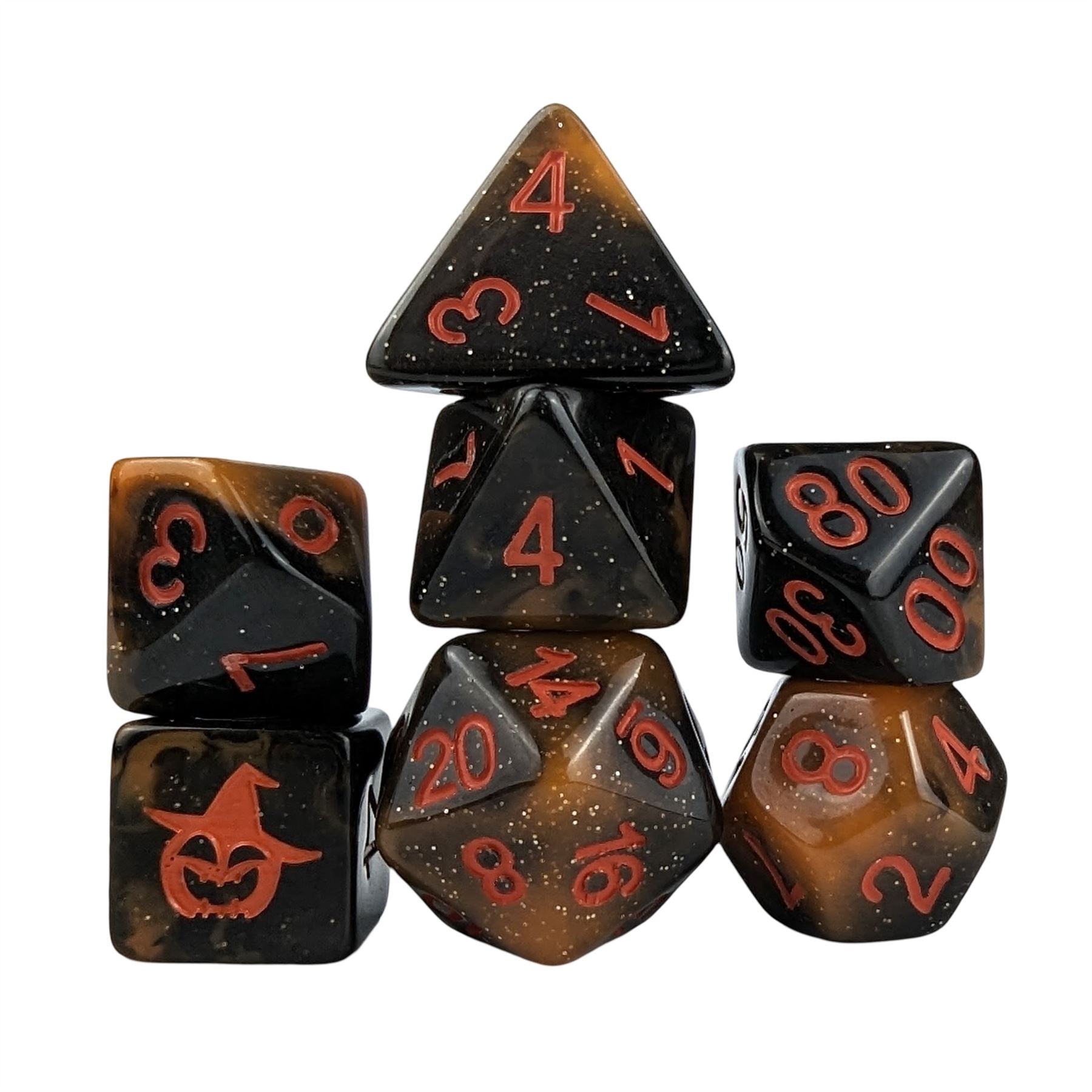 Glitter in Black & Orange Acrylic - 7pcs RPG Full Dice Set