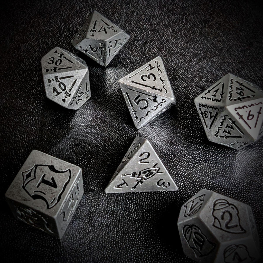 7pcs RPG Full Dice Set - Black Pattern on Silver Resin