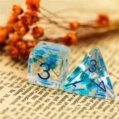 Blue Flowers in Clear Resin - 7pcs RPG Full Dice Set