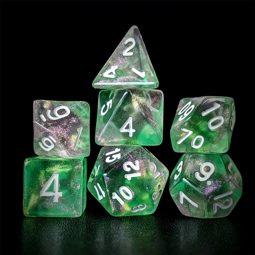 Glitter in Pink & Green in Clear Acrylic - 7pcs RPG Full Dice Set