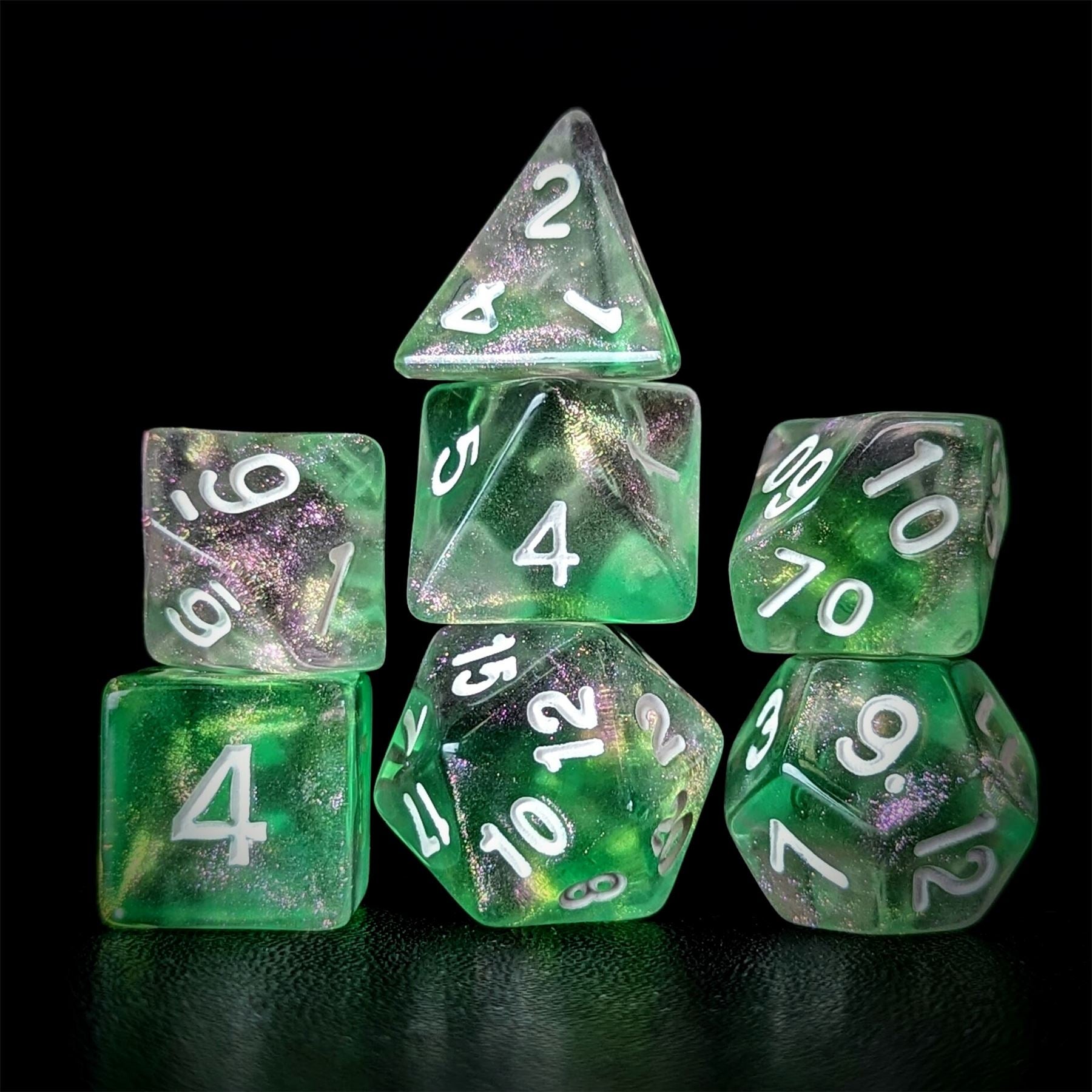 Glitter in Pink & Green in Clear Acrylic - 7pcs RPG Full Dice Set