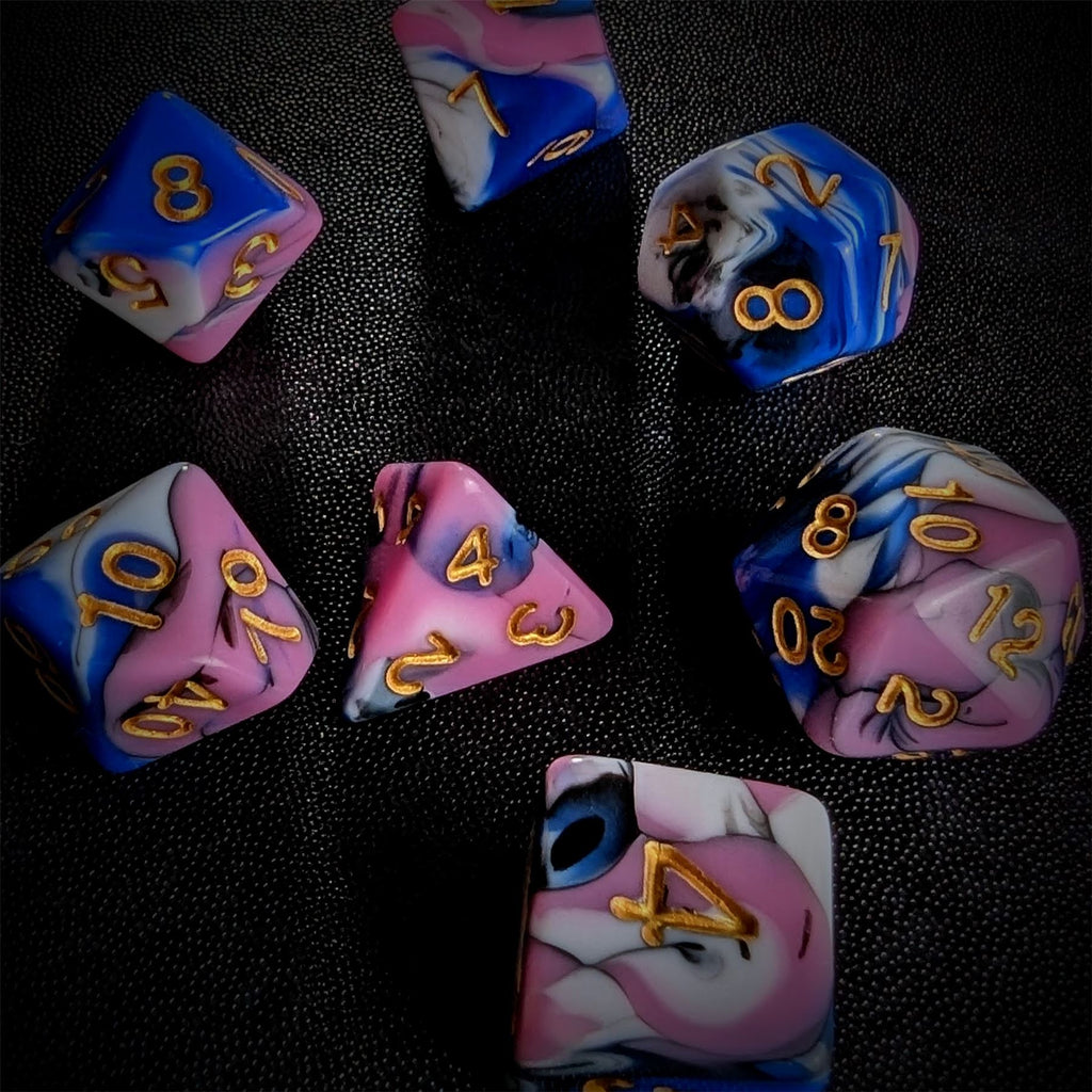 7pcs Dice Acrylic Blend Gold Font White Pink Blue Black
