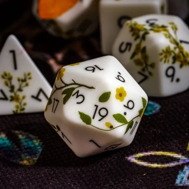 Handmande Yellow Flowers on White Resin -  7pcs RPG Dice Set