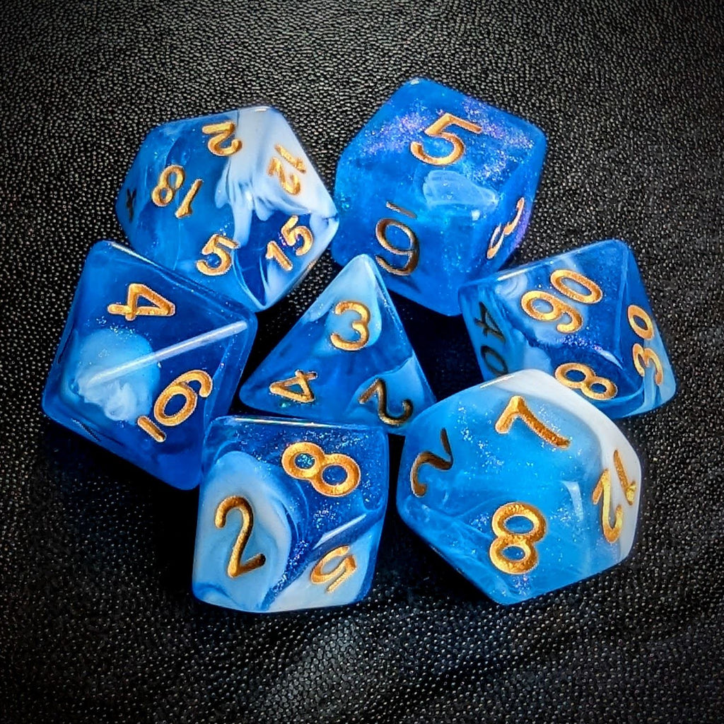 Glitter in Blue & White Acrylic - 7pcs RPG Full Dice Set