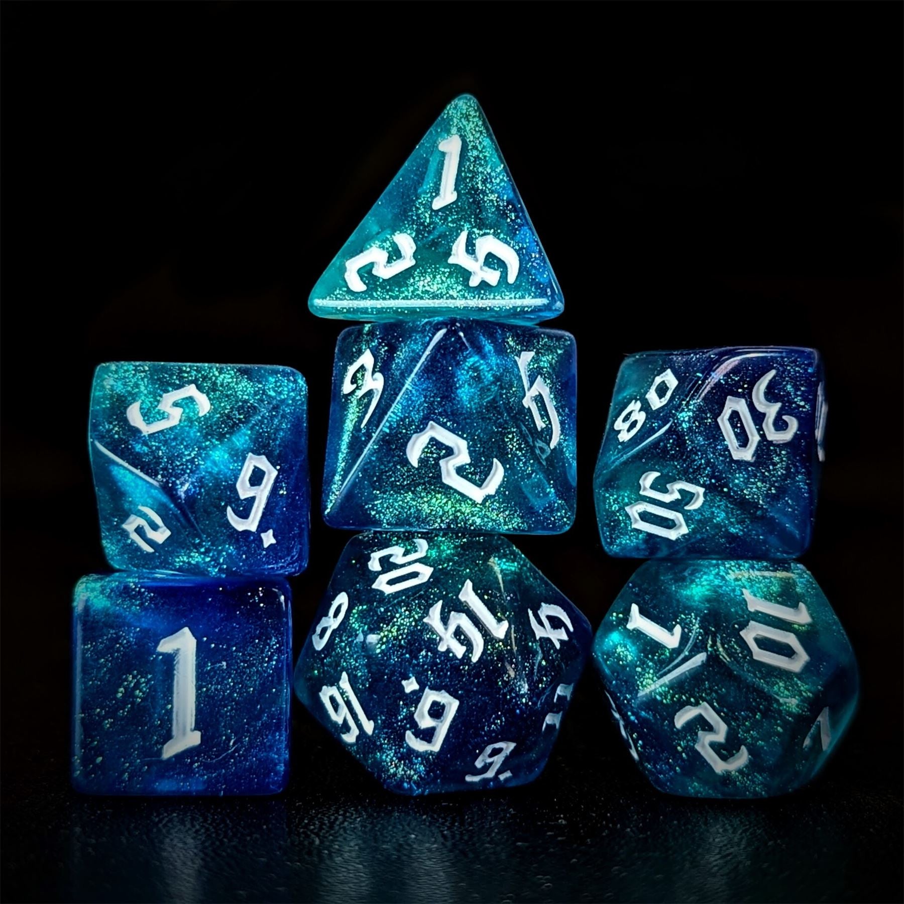 Glitter in Blue & Cyan Acrylic - 7pcs RPG Full Dice Set
