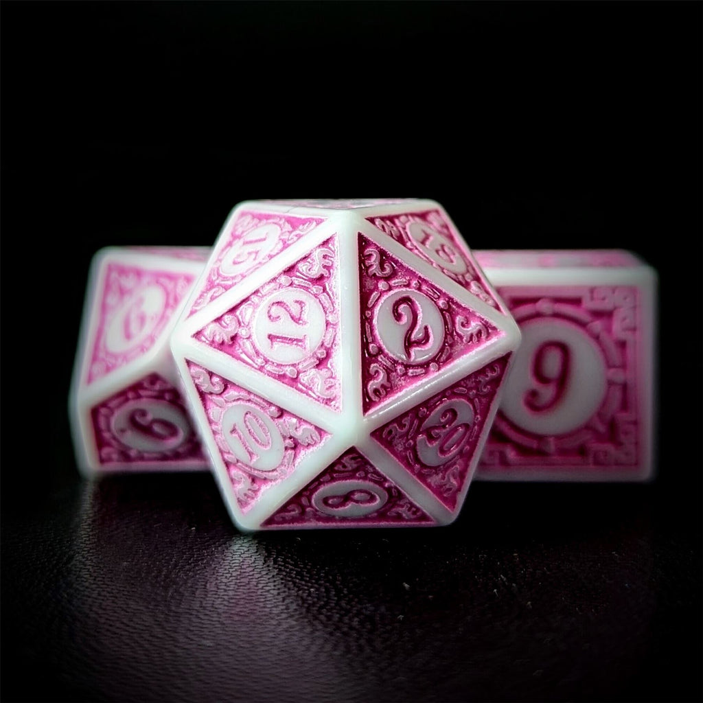 Pink Lattice on White Acrylic - 7pcs RPG Full Dice Set