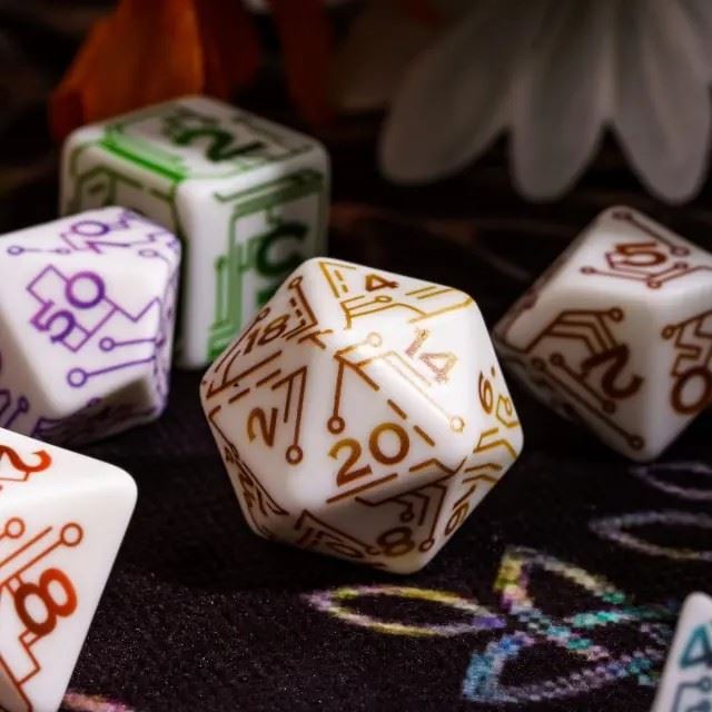 Handmande Circuit on White Resin -  7pcs RPG Dice Set
