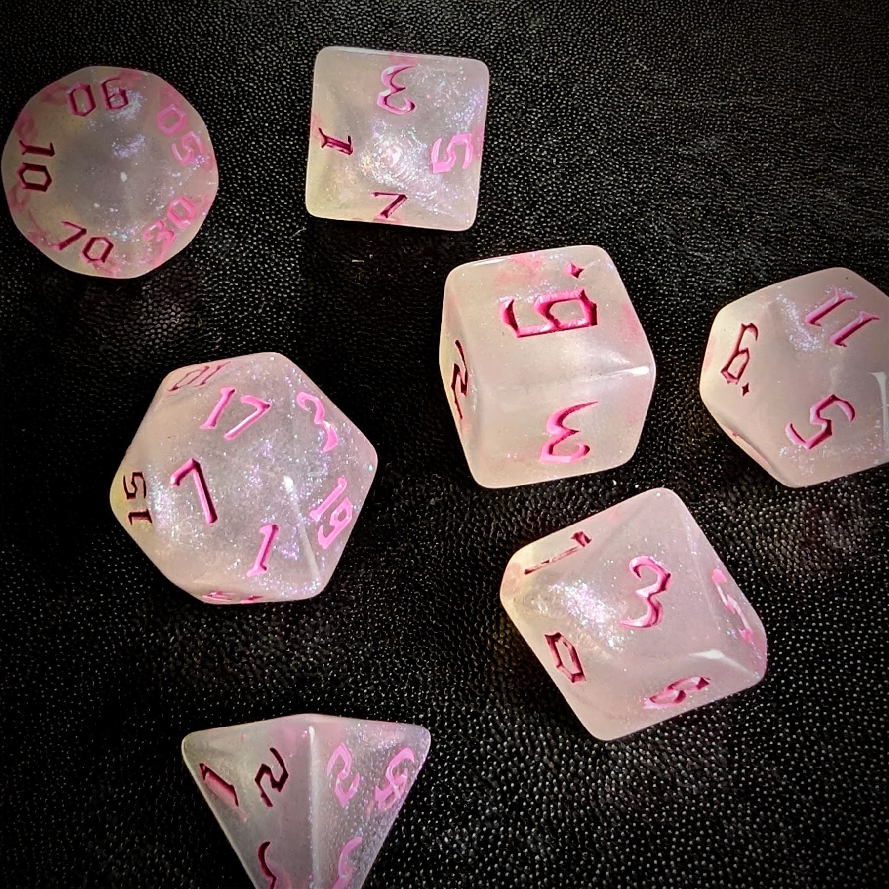 Glitter in White Acrylic with Pink Font - 7pcs RPG Full Dice Set