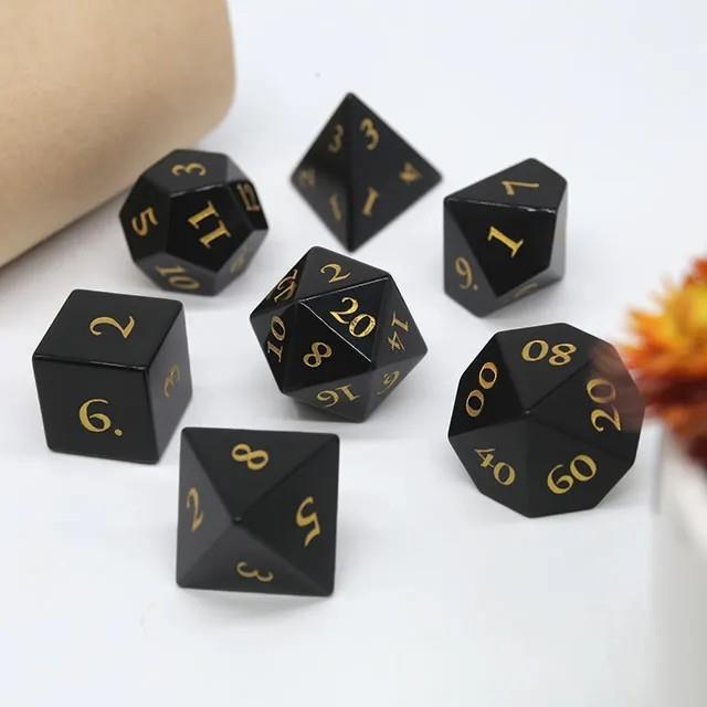 7pcs Dice Gem Stone Obsidian Gold Font Black