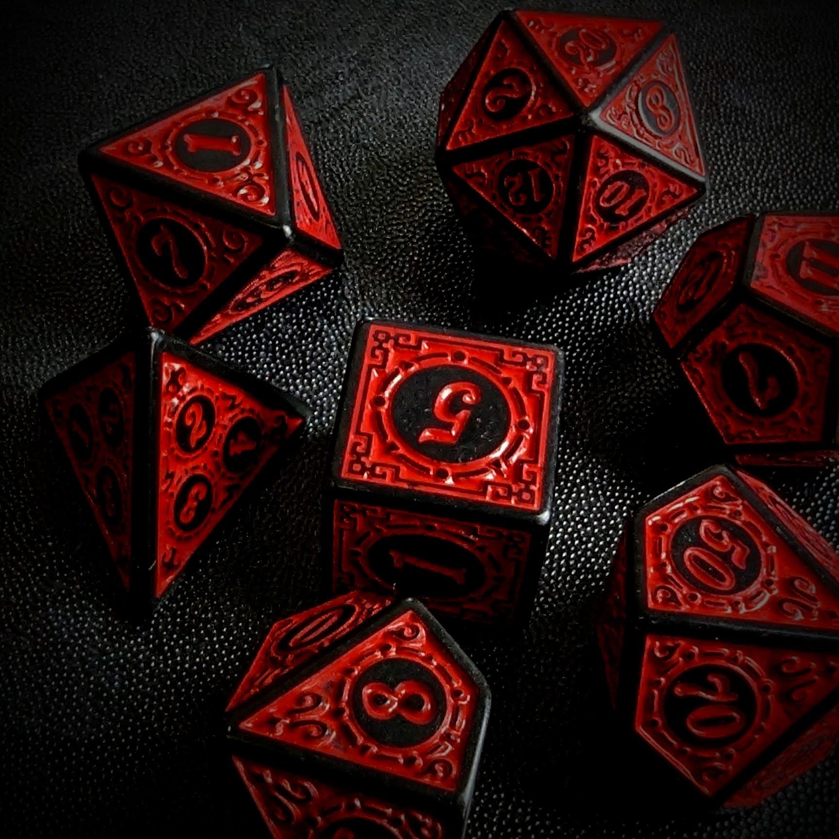 Red Lattice on Black Acrylic - 7pcs RPG Full Dice Set