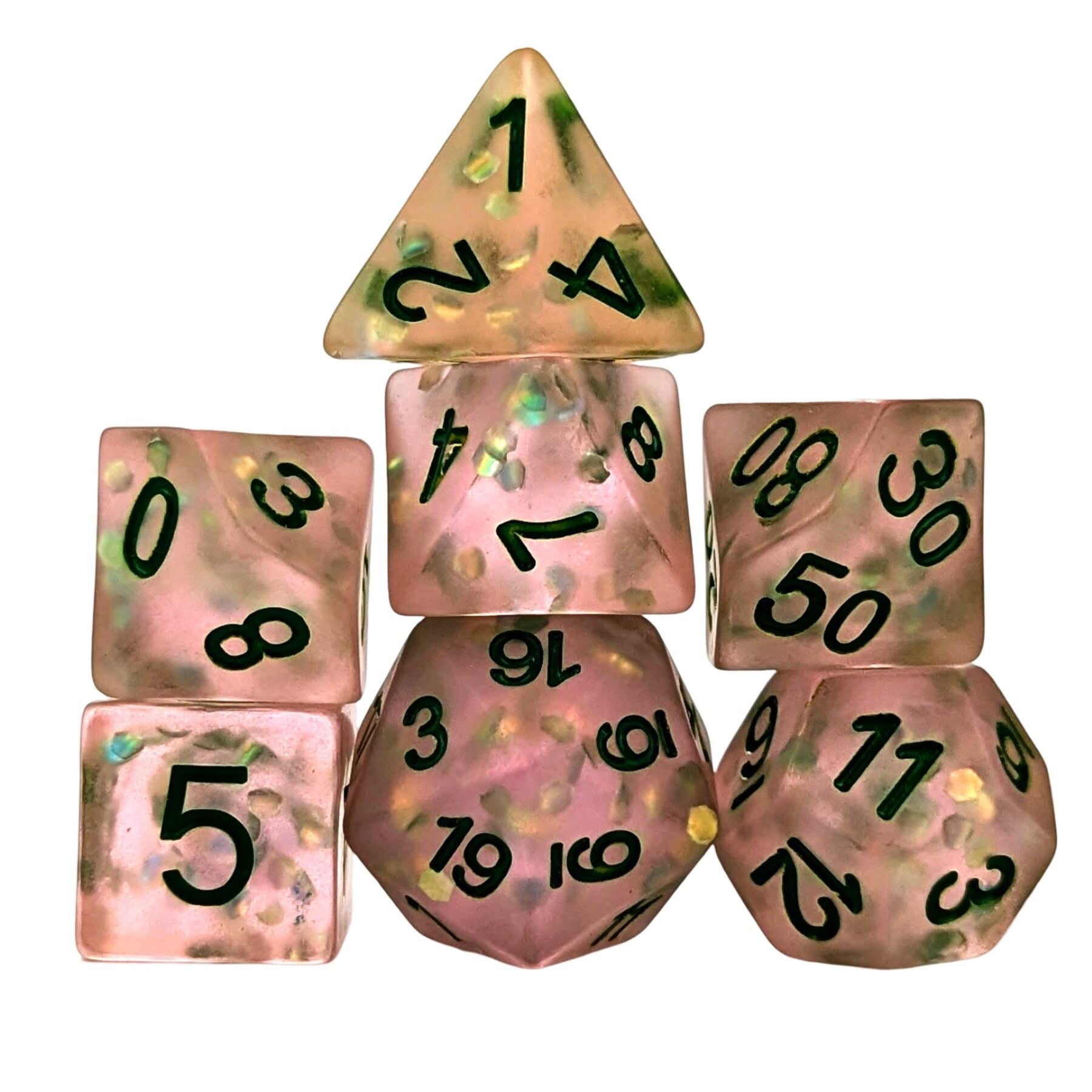 Confetti in Frosted Pink Resin - 7pcs RPG Full Dice Set