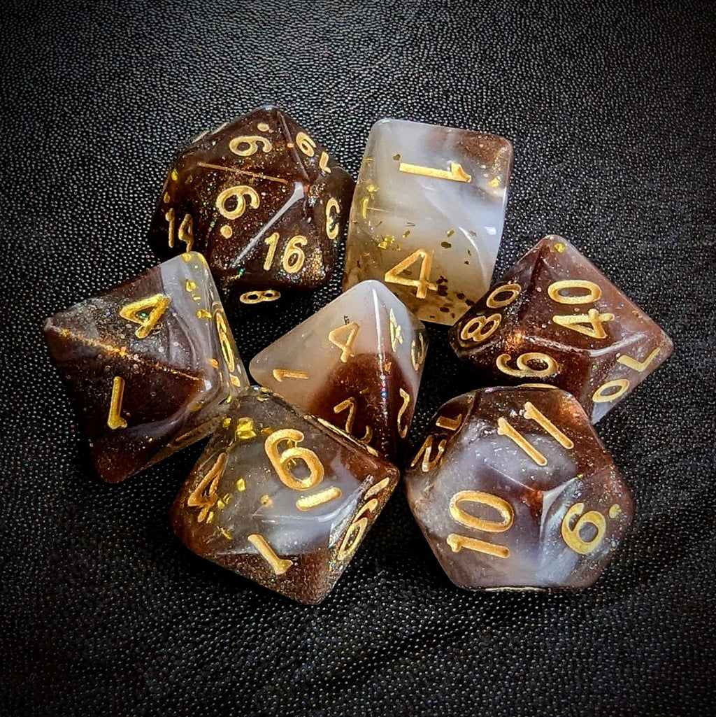 Glitter in White & Brown Acrylic - 7pcs RPG Full Dice Set