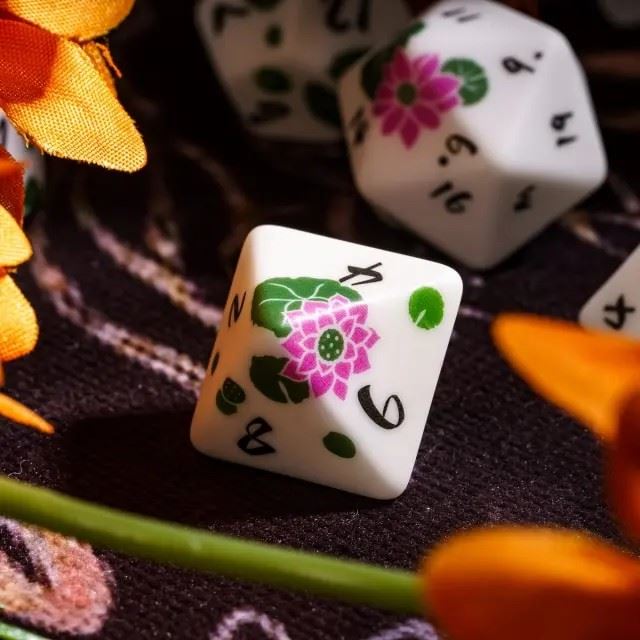 Handmande Pink Flowers on White Resin -  7pcs RPG Dice Set